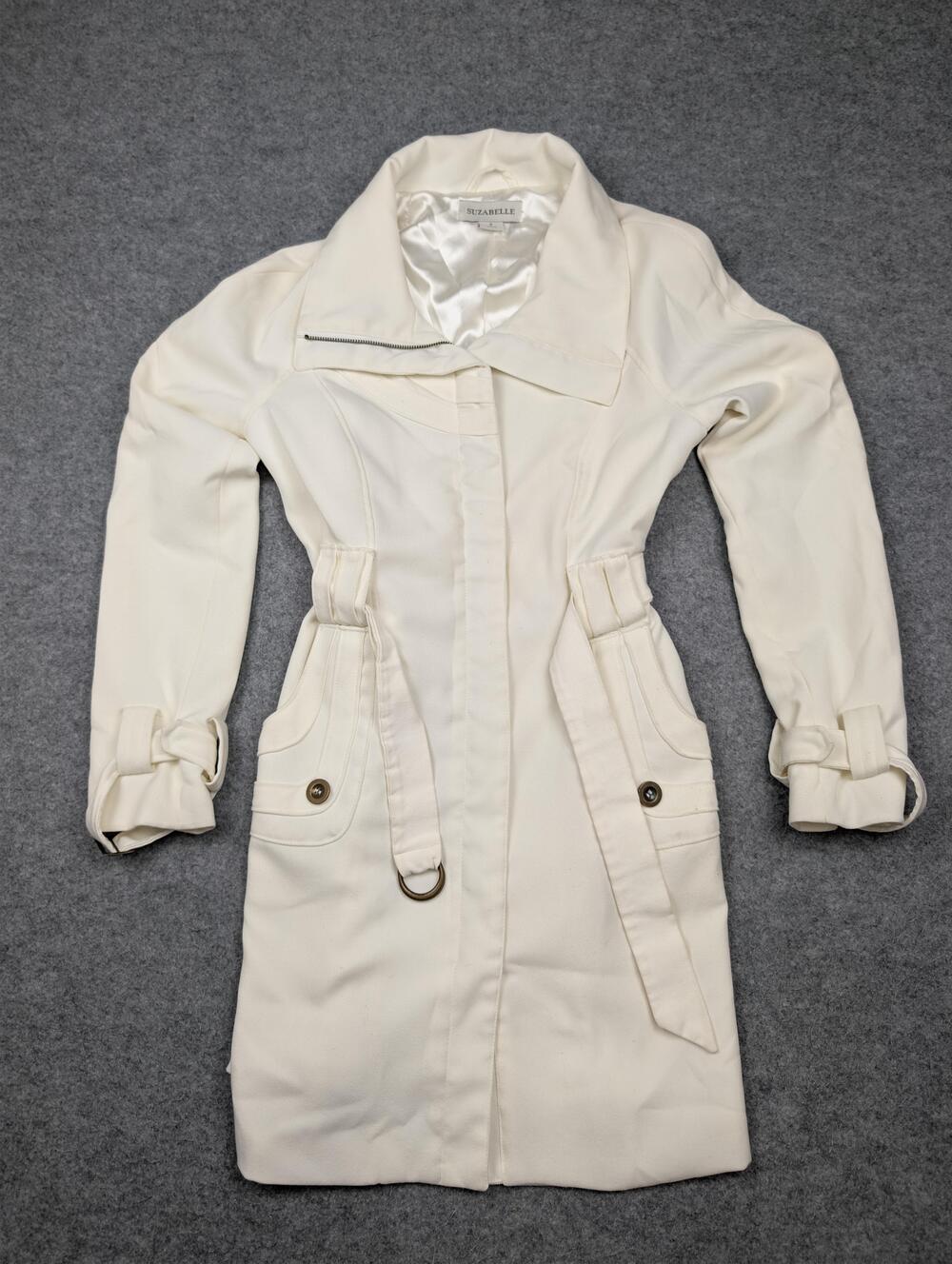 Suzabelle Coat Womens Small White Trench Belted Full Zip Lined Twill Pockets